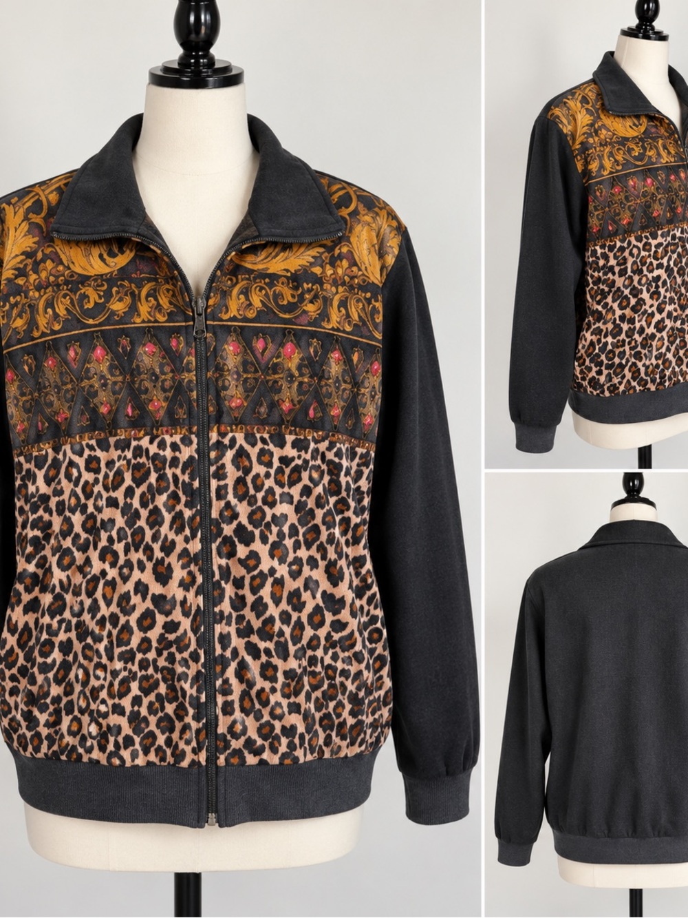 Susan Christopher Leopard Baroque Print Zip Jacket Women’s Medium Retro